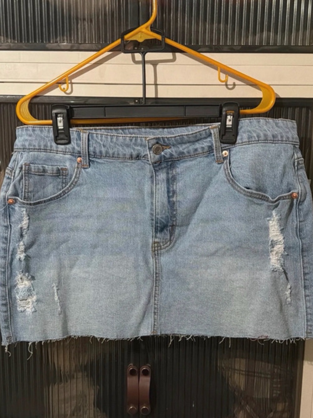 No Boundaries Light Blue Distressed Denim Mini Skirt